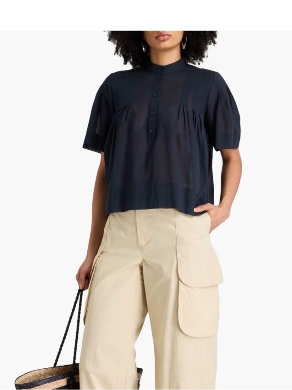 Frame The Pleated Navy Blue Short Sleeve Button Up Blouse size M